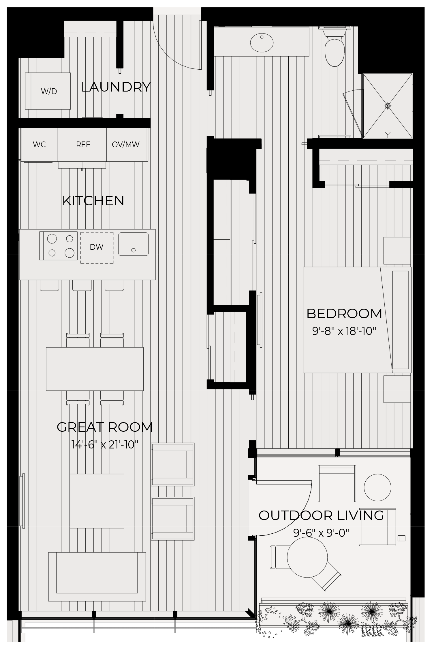 Floor plan for 1 bed, 1 bath, 835 sqft